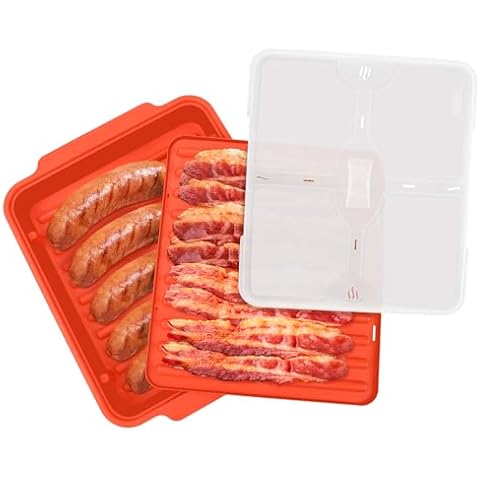 M MUGOOLER Double Microwave Bacon Cooker/Tray with Splatter Lid, Safe, Easy Clean, Convenient Kitchen Tool，for Cooking (Red) Cover