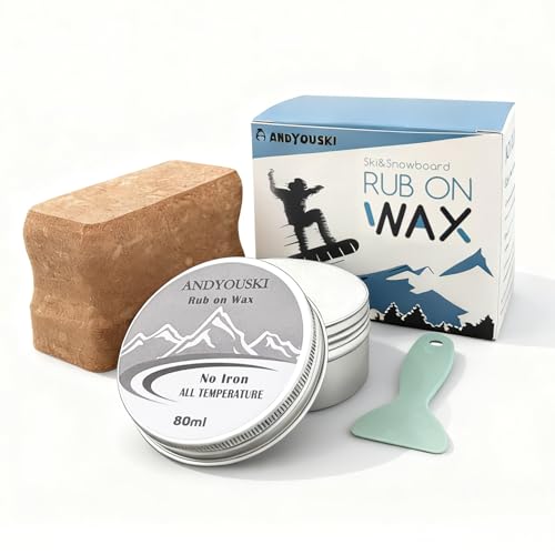 ANDYOUSKI Rub On Ski and Snowboard Wax All-Temperature, 80ml Tin - Includes Mini Scraper & Cork, No Iron Needed, Easy On-The-Go Application for Smooth Glide
