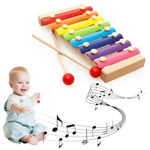 Xilófono,Juguete de Xilófono,con 2 Mazos y 8 Llaves de Metal de Color Arcoíris, Instrumento Musical de Madera