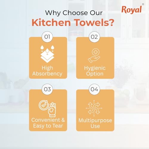 Image of Royal Silky Kitchen Tissue Rolls - 480 Pulls | 60 Kitchen Towels X 8 Rolls| 2-Ply Soft & Strong Kitchen Paper Towel | Highly Absorbent Disposable Kitchen Tissue | 2 rolls x Pack of 4