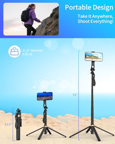 Trípode para teléfono celular de 71 pulgadas Selfie Stick Quadpod con control remoto 7