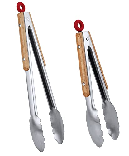 Honsen Stainless Steel Kitchen Tongs Set Of 2 - 9" And 12" ,Locking Metal Food Tongs With Acacia Wood Grips,Barbecue Tongs For Pans And Bbq #TOP4