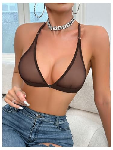 Image of SOLY HUX Women's Sheer Mesh Through Bra Sheer Bralette Front Closure Deep V Neck Wireless Lingerie Sexy Lingerie Bra