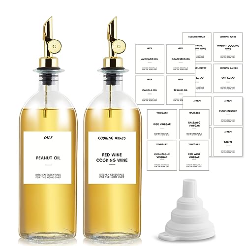 sunal Olive Oil Dispenser Bottle for Kitchen,Set of 2 Gold 16.9oz/500ml Oil and Vinegar Dispenser Set with Weighted Pourer,Glass Coffee Syrup Dispenser with Waterproof Label×40,Silicone Funnel×1