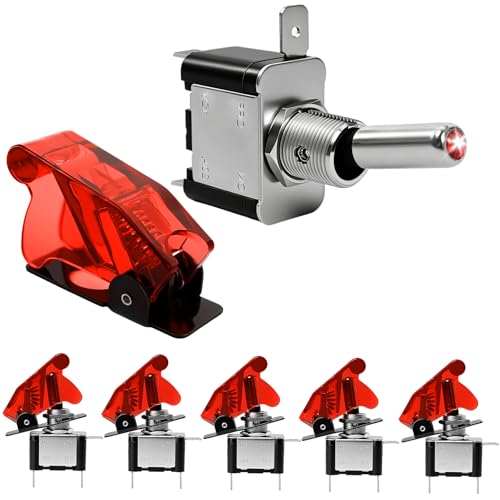 DAESENN 6 x 12V Red LED Toggle Switches, 20 Amp SPST Switches, 3 Pets, for All Industrial Panels, Cars, etc