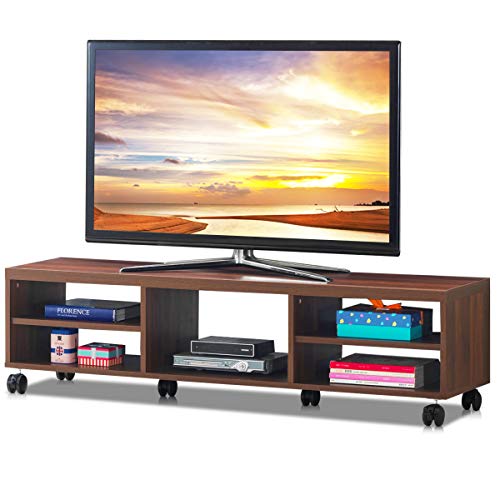 COSTWAY Mueble TV con Repisas, Centro Diversión para TV hasta 140 cm y con 5 Repisas Abiertas para Salón, Stand Universal Moderno y Compacto con Ruedas con Frenos, Fácil de Montar (marrón)