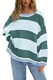 Nirovien Oversized Striped Sweater Women Cable Knit Sweater Women Color Block Casual Cozy Knitted Tops(Green Blue,S)