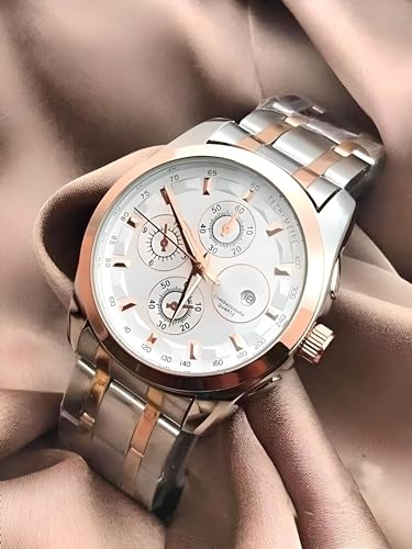 Image of Men's Luxury Analog Watch, Round Rose Gold Case, Black Dial, Stainless Steel Two-Tone Bracelet Strap for Office, Business