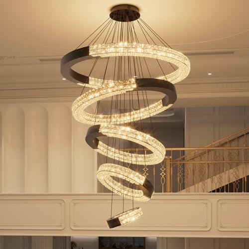 IDEQUY 5 Ring Large Black Chandeliers Luxury Modern Crystal Chandelier Lighting, High Ceiling Chandelier for Foyer Staircase D12''+20''+27.5''+35''+43'' by IDEQUY - Image 2