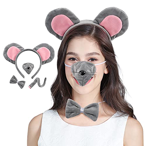 YOULA Mouse Costume Set Include Mouse Ears Headband Mouse Nose Mouse Bowtie and Mouse Tail Rat Costume for Halloween Cosplay Costume or Party Decoration