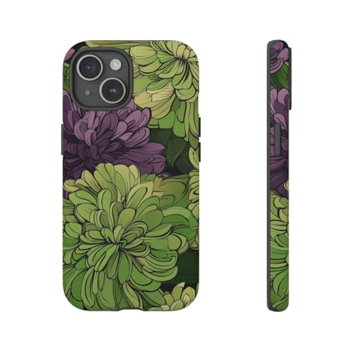 Coque iPhone 15 chrysanthème vert et violet style floral mat
