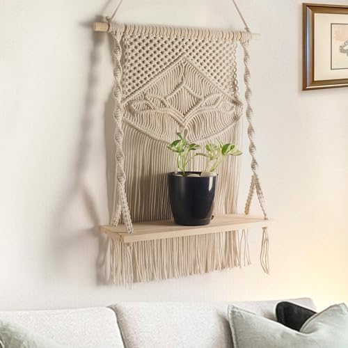 Decazone Macrame Indoor Wall Hanging Shelf Chic Decor Wood Floating Boho Shelves with Wooden Dowel Hand Woven Bohemian Decor for Apartment Dorm Bedroom Living Room Nursery Beige (Big Prime Shelf)