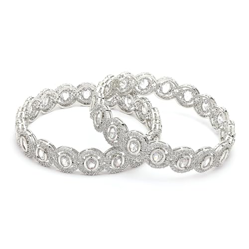 Image of ZENEME Rhodium Plated Silver Toned White American Diamond Studded Bangles Set Of 2 For Women & Girls