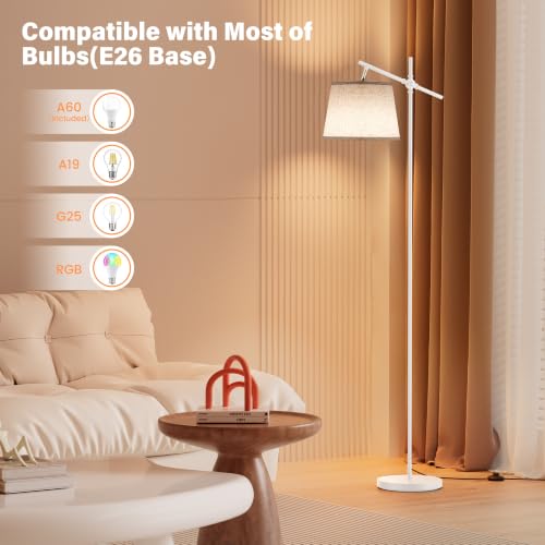 Image of SIBRILLE Floor Lamp with Linen Shade, Dimmable Tall Standing Lamp with Remote Control & 3 Color Temperatures Bulb, Modern Swing Arm Floor Lamps for Living Room Bedroom Office Corner