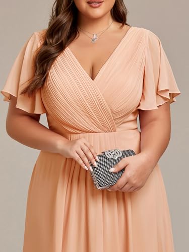 Image of Ever-Pretty Plus Summer Short Sleeves V-Neck Formal Wedding Guest Dresses for Curvy Women Chiffon Midi Cocktail Party Dress
