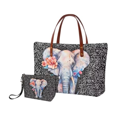 Image of Elephant Handbag for Women, Large Tote Bag Top Handle Purse with Matching Wallet, Light Hobo Bag Shoulder Satchel Purse with Cosmetic Wallet for Working, Shopping, Black