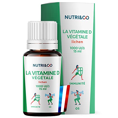 Vitamine D3 Végétale - 2000 UI par Jour - 1000 UI par Goutte - Vitamine D 330 gouttes - Santé des Os, et Immunité - Issue de Champignons Lichénisés - Adultes et Enfant - 15ml - Vegan - Nutri&Co