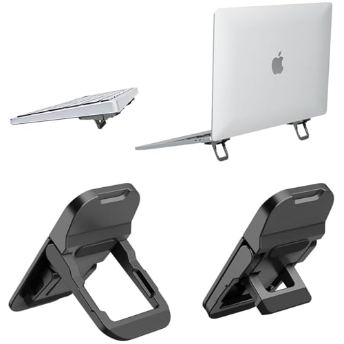 Image of ZORBES Portable Invisible Laptop Riser Stand, 2 Mini Self-Adhesive Alloy Metal Folding Desk Stand, Lightweight Laptop Desk Feet for MacBook, Lenovo, HP, Dell, Laptops & Tablets, 2pc (Black) | Folding Laptop Risers with 2 Hights Aluminum Alloy Mini Laptop Risers Feet, Pack of 2, Black