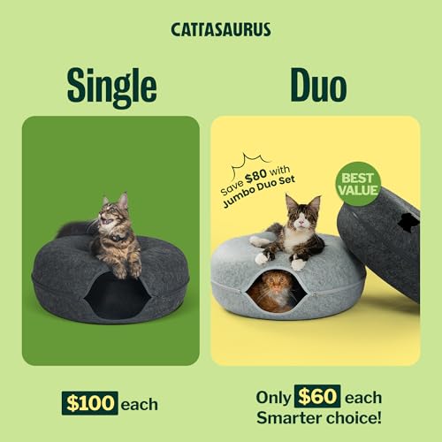 Image of Cattasaurus Peekaboo Cat Cave Duo Jumbo Set, Extra Spacious Cat Donut for Multiple & Large Kitty 15+ lbs, Scratch Detachable Cat Beds for Indoor Cats, Washable Cat Tunnel Bed, Best Kitten Toys