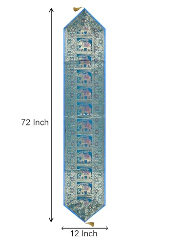 Image of Banarasi Brocade Zari Silk Table Runner Dinning & Centre Table Runner 177 By 30 CM (Turquoise, Elephant)