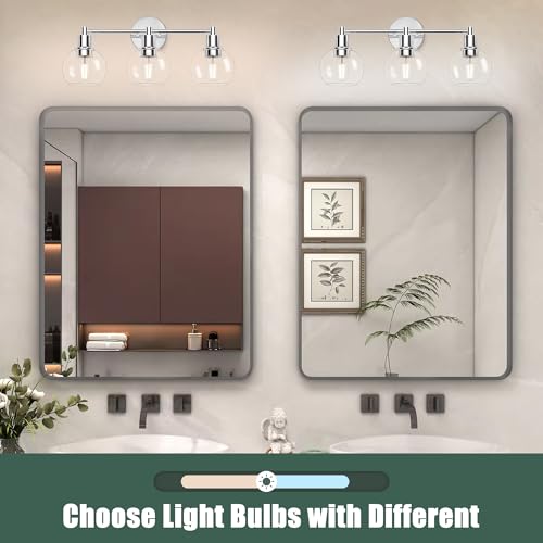 Image of 3 Lights Bathroom Vanity Light Fixtures Chrome, Bathroom Lights Over Mirror, Industrial and Farmhouse 3 Light Wall Sconce, Polished Chrome Globe Vanity Lighting Fixtures