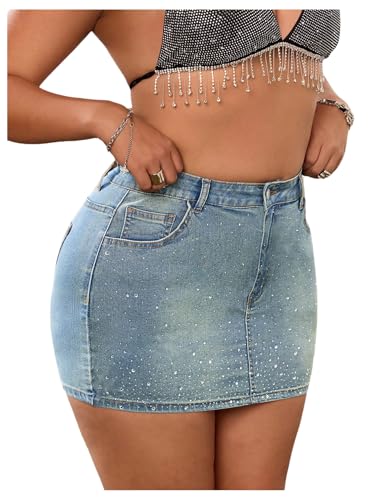 MakeMeChic Women's Plus Size Bodycon Denim Mini Skirt Rhinestone High Waisted Summer Y2K Jean Skirts