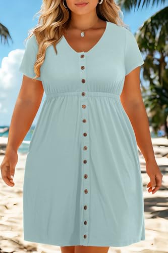 Image of Holipick Women's Plus Size Summer Dresses for Women Casual Dress with Pockets A-Line Swing Button Down Sleeveless V Neck