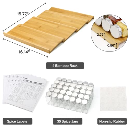 KitHero Spice Drawer Organizer with 35 Spice Jars,216 Labels,25 Non-slip Rubber, Bamboo 4 Tier Seasoning Rack Tray Insert for Kitchen Drawers,Cabinets,Countertop,16.14" Wide x 15.8" Deep by KitHero - Used condition - Image 2