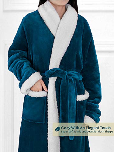 Image of PAVILIA Women's Plush Fleece Robe, Soft Cozy Long Bathrobe with Satin Waffle Trim, Warm Lightweight, Pockets & Tie Belt