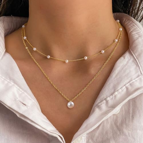 Image of Zeffy Gold Pearl Necklace for Women, Dainty 14K Gold /Silve Plated Layered Pearl Choker Pearl Earrings Pearl Bracelets Wedding Trendy Gold Jewelry Set for Women Gifts