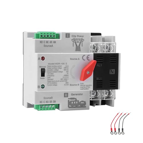 125A AC110V Mini ATS Automatic/Manual Transfer Switch 2P, 2POLE 125amps ATS Dual Power Transfer Switch for Home Generator,Din Rail Mounted 110V Manual Transfer Switch Fast Transfer
