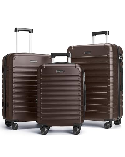 LIGHT FLIGHT Luggage Sets 3 Piece Durable Suitcase Set with Spinner Wheels 3 Pcs Hard Shell Lightweight Luggage with TSA Lock Large Checked Travel Suitcases 20/24/28 Inch Brown