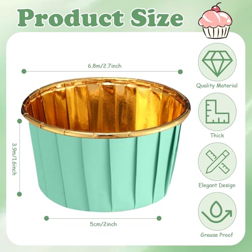 Image of 300 Pack Green Gold Cupcake Liners Bulk Disposable Foil Muffin Cup