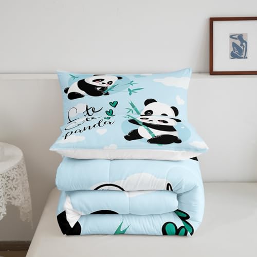 Image of Feelyou Cute Panda Bedding Set Cartoon Panda Comforter Set for Kids Boys Girls Animal Theme Comforter Kawaii Animal Quilt Set Blue 1 Comforter Set with 2 Pillowcases King Size