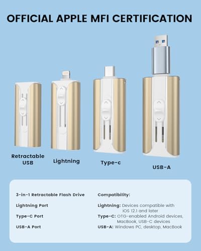 Image of MFI Certified 512GB Flash Drive - Photo Stick and USB Stick Offers Photo /Video Storage, The External Storage is Compatible with iOS, Android, and Pc,1 Pack (Gold)(Available Space: ~484GB)