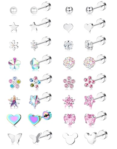 CASSIECA 16 Pairs Hypoallergenic Screw Back Earrings for Women Girls 316L Stainless Steel CZ Pearl Ball Heart Flower Screwback Flat Back Stud Earrings Jewelry Gift Women Girl Multicolored