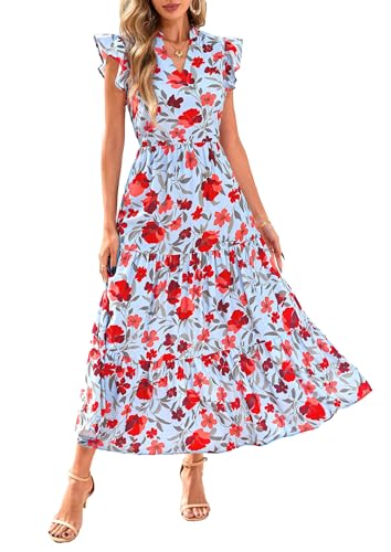 Image of PRETTYGARDEN Women's 2026 Summer Floral Midi Dress Cap Sleeve V Neck Ruffle Long Flowy Boho Casual Beach Vacation Dresses