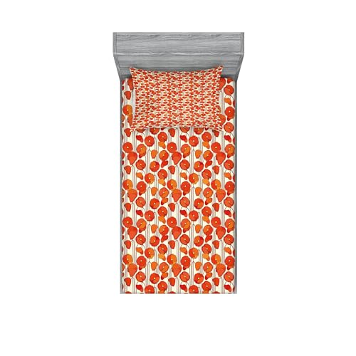 Ambesonne Floral Fitted Sheet & Pillow Sham Set, Art Nouveau Style Poppy Flowers Retro Spring Summer Garden Foliage Petals, Decorative Printed 2 Piece Bedding Decor Set, Twin, Orange Ivory