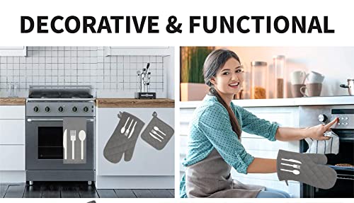 Oven Mitt And Potholder Set 4Pc, Printed Grey And White Design, Baking Glove Size 13 X 6 Inches, Stove Kitchen Mitten Size 8 X 8 Inches For Cooking Baking Grilling Bbq Machine Washable By Lushomes #TOP3