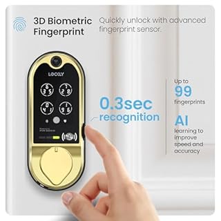 Lockly Vision Smart Lock with HD Video Doorbell, Fingerprint Door Lock for Front Door, Touchscreen Keypad, App Control, Auto Lock, No Monthly Fee - Brushed Gold