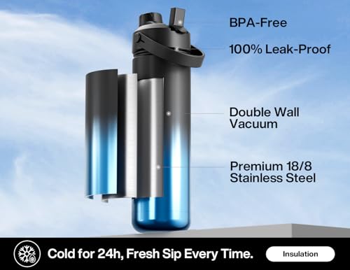 Image of POWCAN 26 oz Insulated Water Bottle with 2-in-1 Straw Spout Lid (Mariner) | Keep Cold 24H, Leak-Proof, Fits in Car Cup Holder, Stainless Steel Water Bottle for Sports, Travel, Gym, Gift, and School
