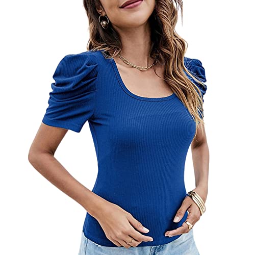 Puff Sleeve Top | Rib Knit T Shirts Square Neck Tops | Women Blue T Shirts Summer Short Sleeved Tops