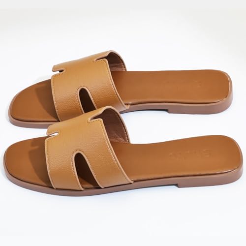 Image of Women's Flat Sandals, Ladies Leather Slippers, Comfy Dressy Slip on Shoes Elegant Slides Summer Fall Spring Cute Open Toe Casual Footwear