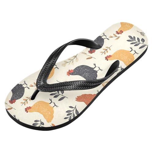 ALAZA Rooster Leaves Hen Chicken Farm Animal Flip Flops for Women Fashion Beach Slippers Comfort Mens Flip Flops Non-Slip Rubber Shower Slippers Sandal for Hotel Travel Sport,XS2