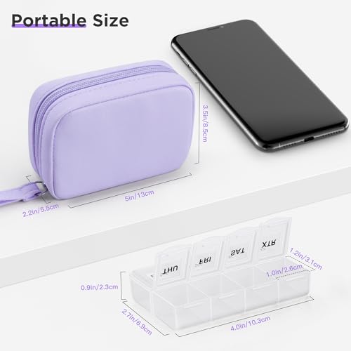 Image of Zannaki Cute Pill Organizer for Purse with Two Removable 7-Day Pill Box, Travel PU Leather Pill Case, Portable Weekly Pill Container with Storage Bag to Hold Vitamins, Fish Oils, Supplements (Purple)