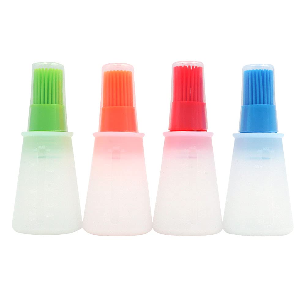 Ancllo Red, Orange, Green, Blue 4 Colors Silicone Oil Bottle Brush With Lid Set Soft Sauce Bottle With Silicone Basting Brush Cooking Oil Bottle Brushes For Pastries Bbq Meat Honey Marinades