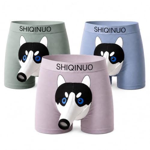 Mens Boxer Briefs with Novel Dog Pattern Bullet Separation Design Front Opening Pouch Breathable(3-Pack) (US Alpha 3X-Large Regular Regular Color 2: Dusty Purple + Silver Gray + Slate Blue)