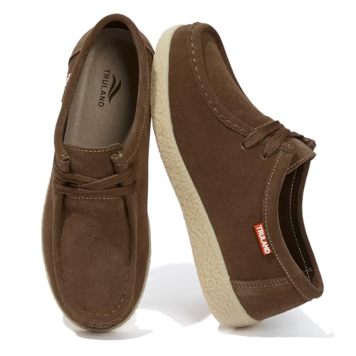 Image of TRULAND Leather Oxford Shoes for Women - Suede Lace Up Moc Toe Low Platform Flat Wallabees Shoes