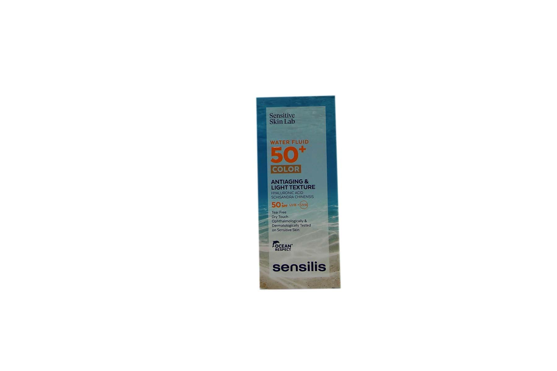 Sensilis - Water Fluid 50+ Color, Fotoprotector Antiedad Facial con Ácido Hialurónico y Vitamina E, Ultra-Fluido con Color Acuoso y SPF 50+, para Pieles Sensibles - 40 ml