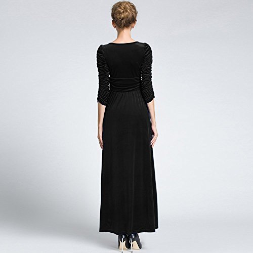 MedeShe Women's Christmas Long Sleeve V Neck Velvet Maxi Dress (Black Ruched Waist, 4/6)